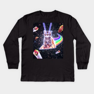 Laser Eyes Space Cat Riding Rainbow Pizza Kids Long Sleeve T-Shirt